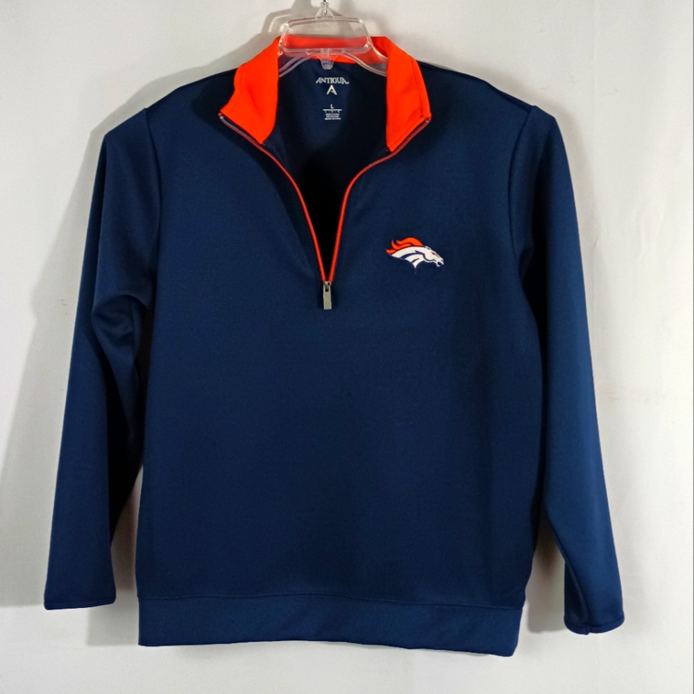 Antigua Denver Broncos Men's Pullover Size L Navy 1/4 Zipper Long Sleeve - EUC